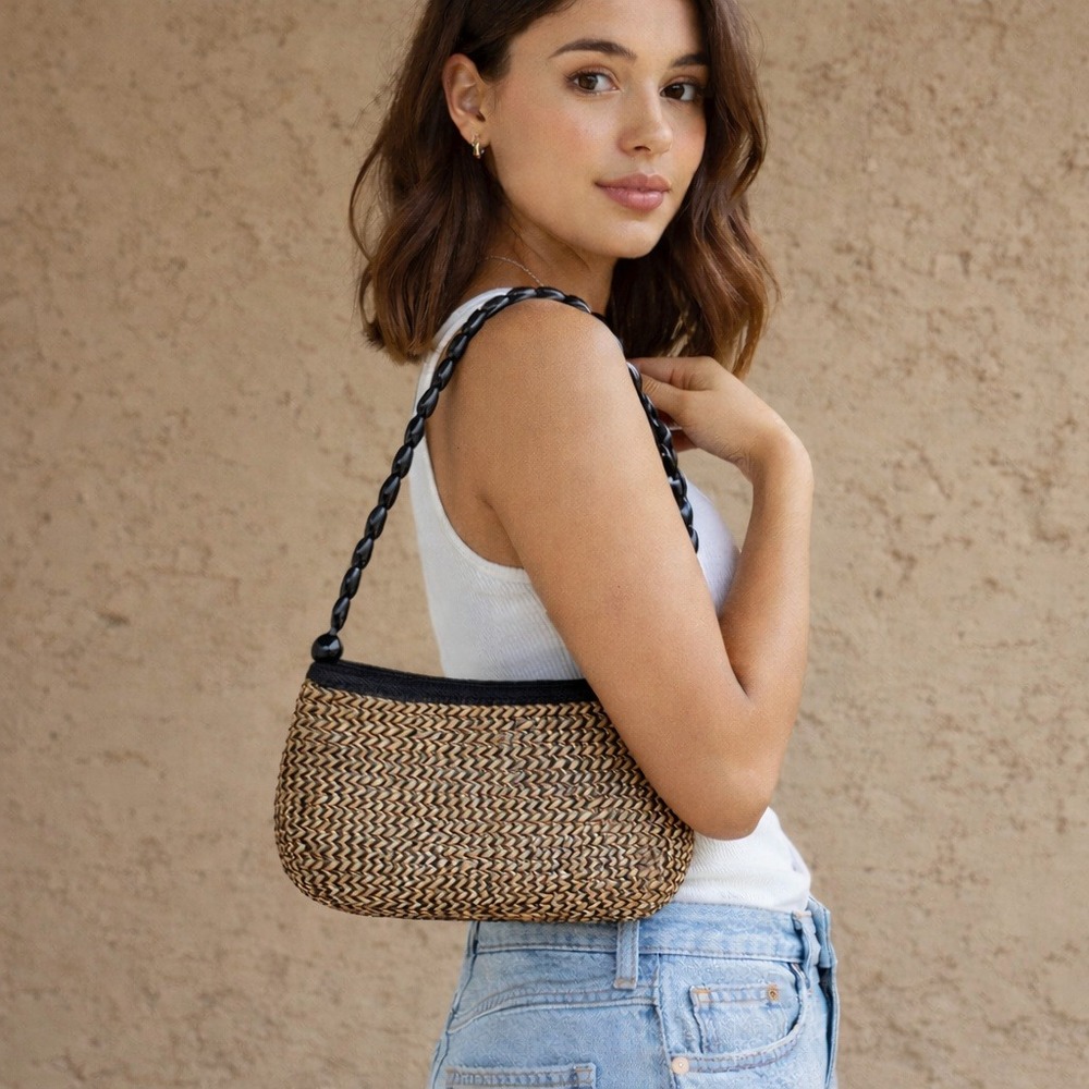 Vintage Woven Wheat Straw Shoulder Bag Black Tan Beaded Strap‎